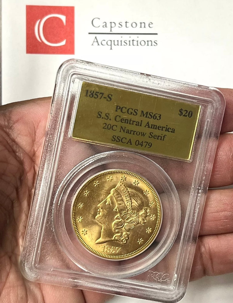 1857-S $20 Liberty Gold PCGS MS63 SS Central America Shipwreck #0479 COA