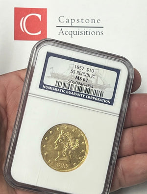 1857-P $10 Liberty Gold Eagle NGC MS61 SS Republic Shipwreck