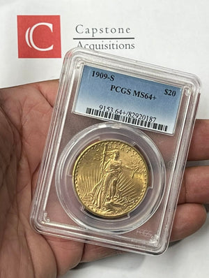 1909-S $20 Saint Gaudens Gold Double Eagle Pre-1933 PCGS MS64+ Fresh New Holder