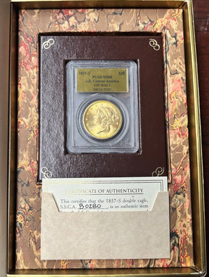 1857-S $20 Liberty Gold PCGS MS64 SS Central America Shipwreck W Pinch of Gold