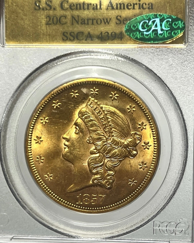 1857-S $20 Liberty Gold PCGS MS63 CAC SS Central America Shipwreck NEW LISTING