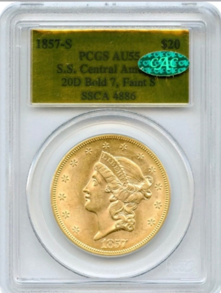 1857-S $20 Liberty PCGS AU55 CAC SS Central America Shipwreck Pinch of Gold#4886