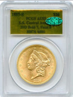 1857-S $20 Liberty PCGS AU55 CAC SS Central America Shipwreck Pinch of Gold#4886