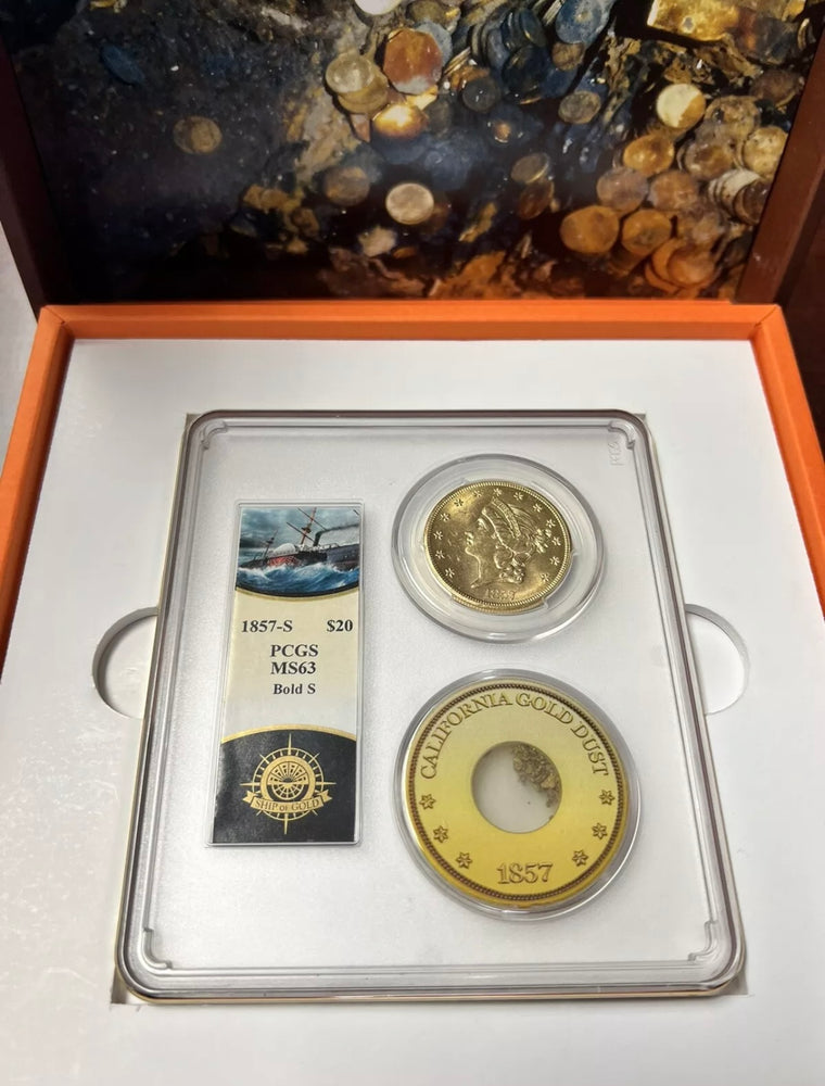 1857-S $20 Liberty Gold PCGS MS63 SS Central America Shipwreck with Gold Pinch