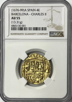 Charles II Spain gold Cob 4 Escudos ND (1697-1699) B-A AU55 NGC Finest Known!!