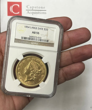 
                
                    Load image into Gallery viewer, 1854-P $20 Liberty Double Eagle Gold NGC AU55 Rare Large Date
                
            