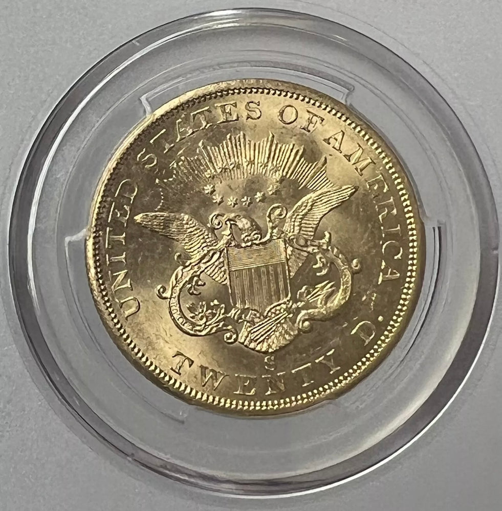 1857-S $20 Liberty Gold PCGS MS63 SS Central America Shipwreck with Gold Pinch