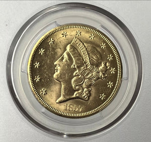 1857-S $20 Liberty Gold PCGS MS63 SS Central America Shipwreck with Gold Pinch