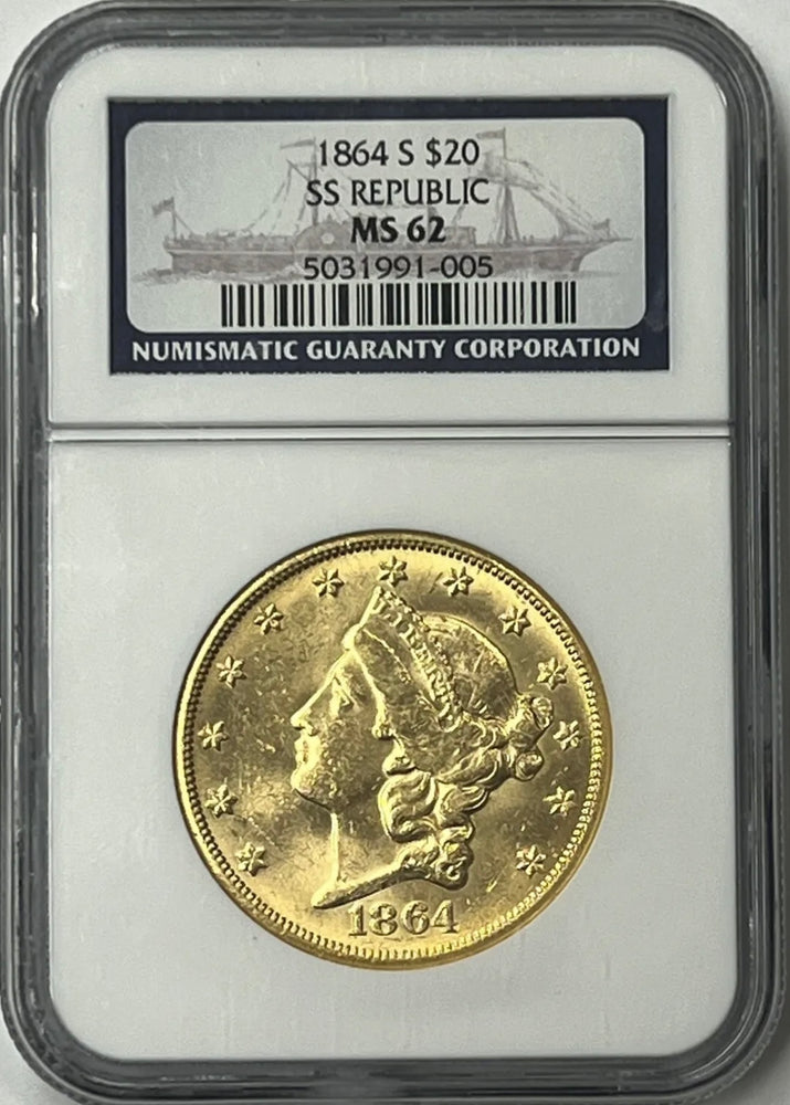 1864-S $20 Liberty Double Eagle Gold NGC MS62 SS Republic Shipwreck Civil War