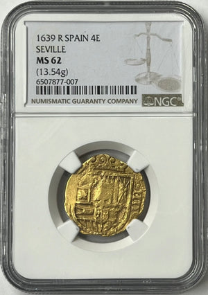 
                
                    Load image into Gallery viewer, 1639 Spain Philip IV Gold Cob 4 Escudos NGC MS62 Finest Known &amp;amp; Only Example
                
            