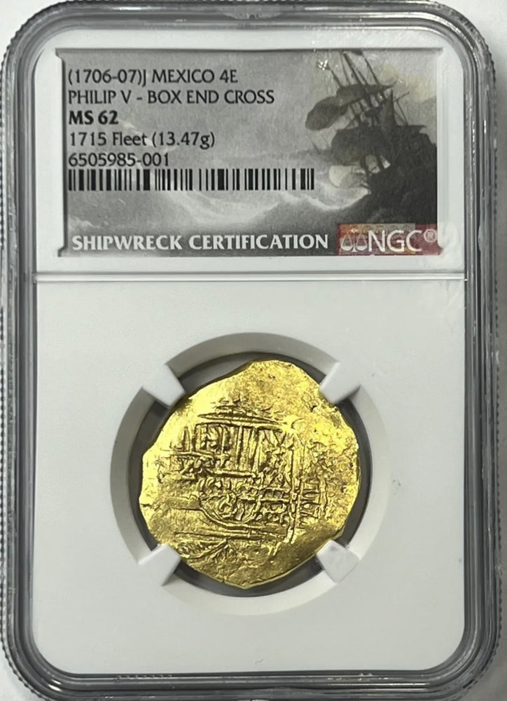 
                
                    Load image into Gallery viewer, 1706-07 Mexico Philip V Gold Cob 4 Escudos NGC MS62 1715 Fleet Shipwreck
                
            