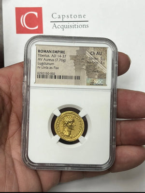 Tiberius AD 14-37 Gold Aureus NGC CHAU Tribute Penny In Gold Twelve Caesar’s