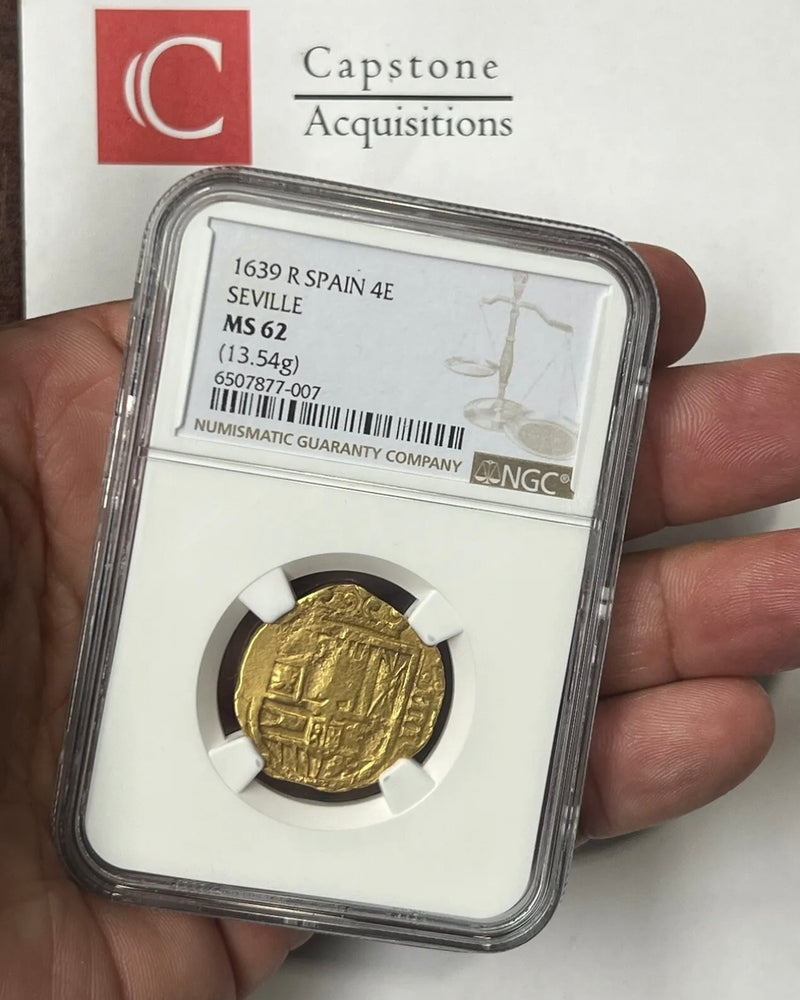 
                
                    Load image into Gallery viewer, 1639 Spain Philip IV Gold Cob 4 Escudos NGC MS62 Finest Known &amp;amp; Only Example
                
            