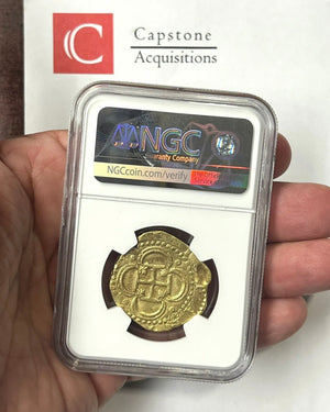 
                
                    Load image into Gallery viewer, 1593 Spain Philip II Gold Cob 4 Escudos NGC AU55 Finest Known Ultra Rare
                
            