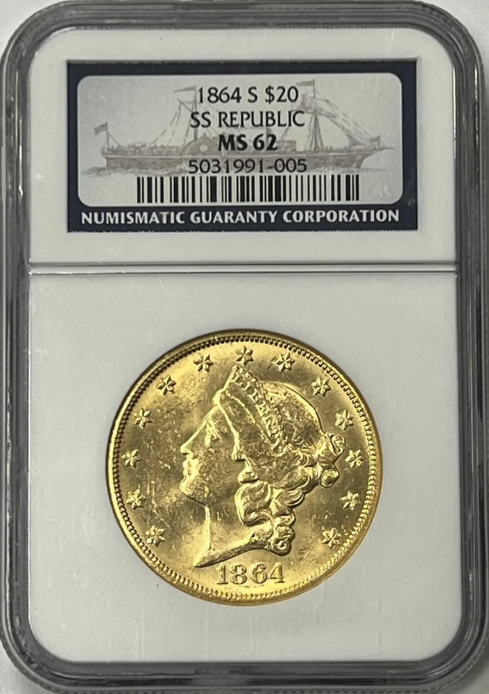 1864-S $20 Liberty Double Eagle Gold NGC MS62 SS Republic Shipwreck Civil War