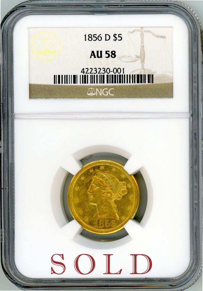 1856 D $5 NGC AU 58
