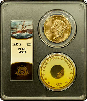
                
                    Load image into Gallery viewer, 1857-S $20 Liberty PCGS MS63 SSCA second recovery
                
            