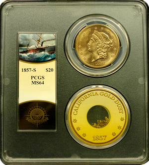
                
                    Load image into Gallery viewer, 1857-S $20 Liberty PCGS MS64 SSCA second recovery
                
            