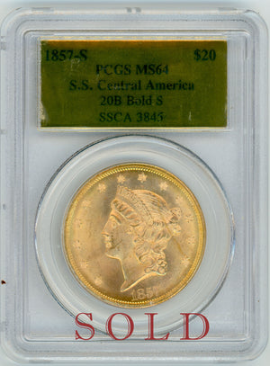 1857 S $20 Lib PCGS MS 64 SS Central America