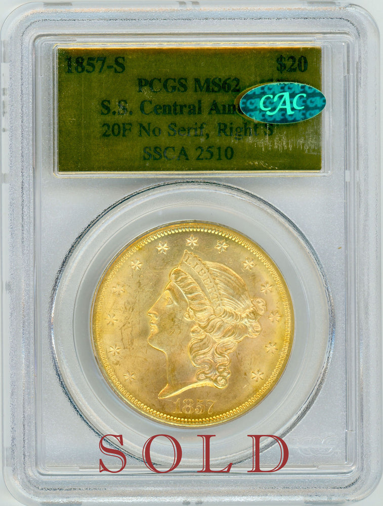1857 S $20 PCGS MS 62 SS Central America CAC