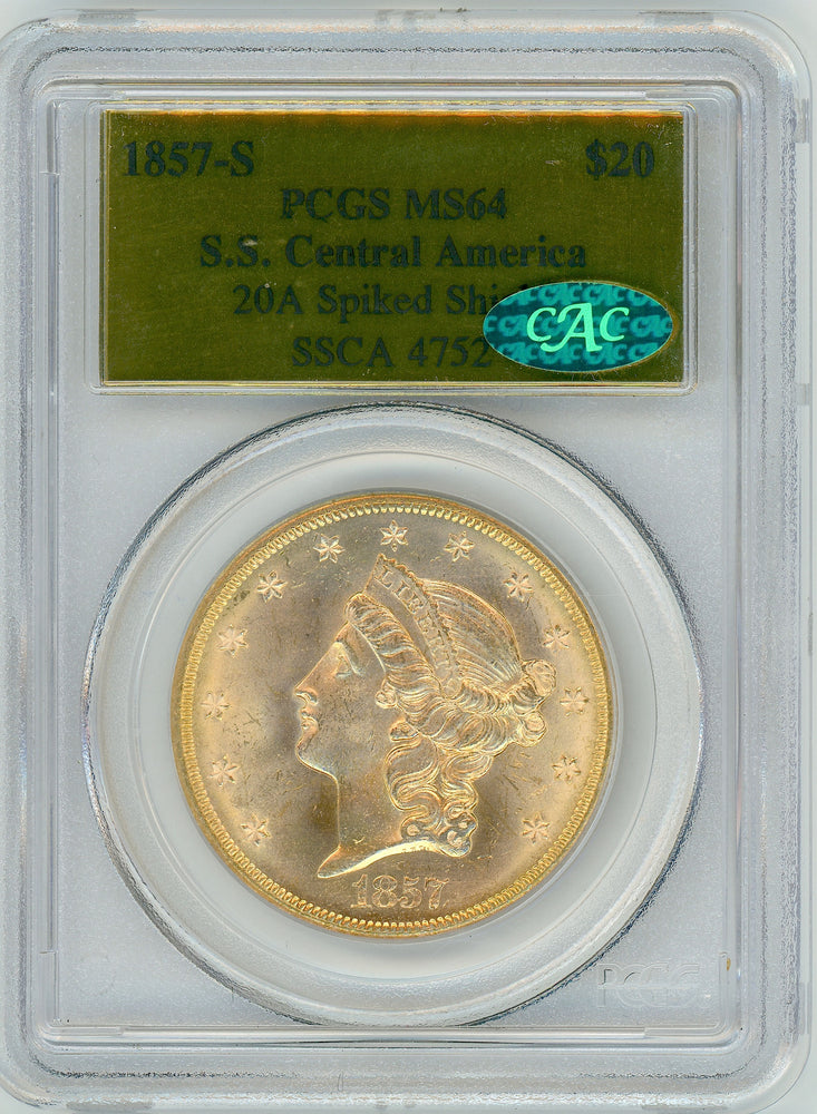 1857-S $20 PCGS MS64 SS Central America CAC