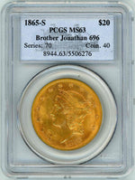 1865-S $20 PCGS MS63 Brother Jonathan 696