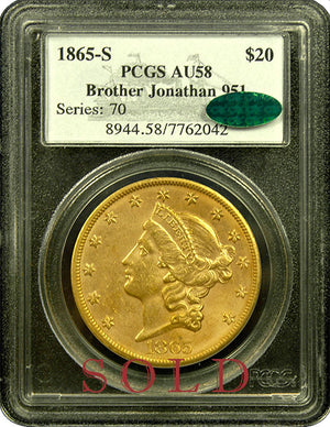 1865-S $20 PCGS AU58 CAC Brother Jonathan