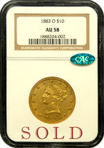 1883 O $10 NGC AU 58 CAC