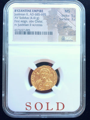 
                
                    Load image into Gallery viewer, Byzantine Empire Justinian II Gold Solidus 5x3 MS NGC
                
            
