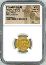 BYZANTINE EMPIRE, JUSTINIAN II GOLD SOLIDUS NGC MS
