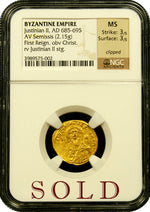 Byzantine Empire, Justinian II Gold Semessis (1/2 Solidus) “First Reign” NGC MS 3x3 clipped