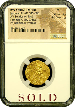 Byzantine Empire, Justinian II gold Solidus "First Reign" NGC MS 4x5