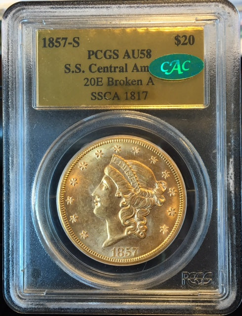 
                
                    Load image into Gallery viewer, 1857-S $20 Liberty PCGS AU 58 CAC S.S. Central America Shipwreck
                
            
