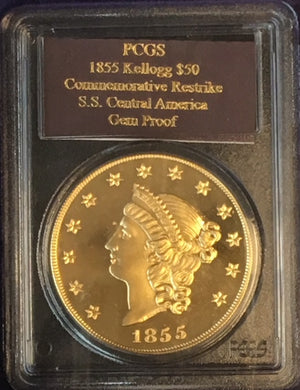 1855 KELLOGG & COMPANY $50 RESTRIKE - RECOVERED S.S. CENTRAL AMERICA GOLD BARS