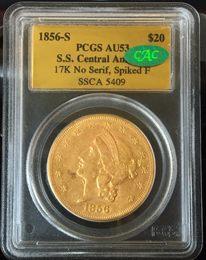 
                
                    Load image into Gallery viewer, 1856-S $20 Lib PCGS AU53 CAC S.S. Central America Shipwreck
                
            