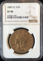 1889-CC $20 Liberty NGC XF40 - better date Carson City Gold