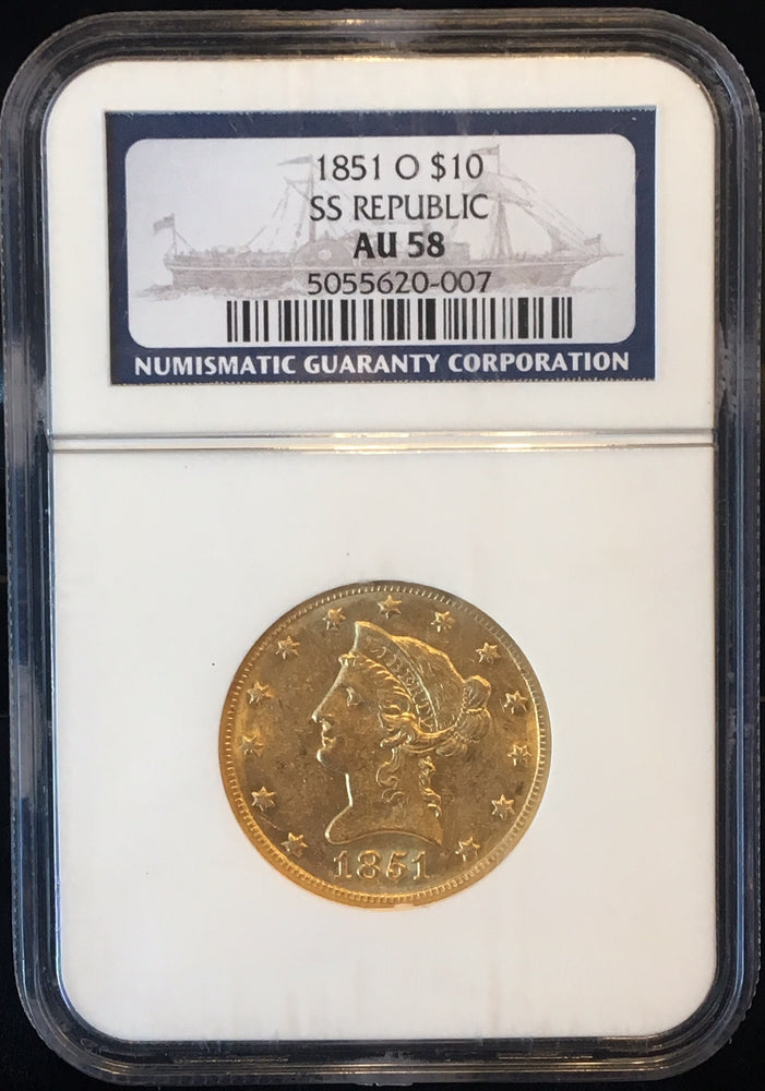 
                
                    Load image into Gallery viewer, 1851-O $10 Liberty NGC AU58 SS Republic Shipwreck Gold
                
            