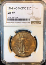 1908 No Motto $20 Saint Gaudens NGC MS 67