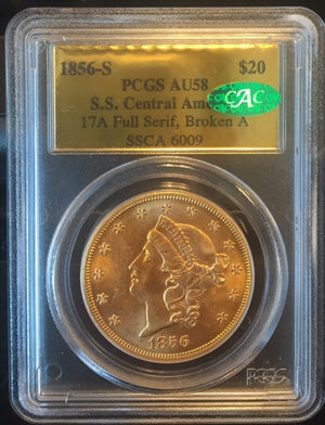 
                
                    Load image into Gallery viewer, 1856-S $20 PCGS AU58 CAC SS Central America Shipwreck
                
            