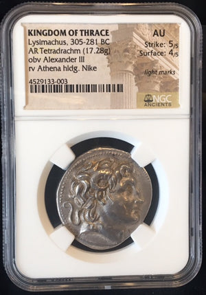 Lysimachus Silver Tetradrachm NGC AU 5x4 Top 100 Ancient