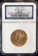 SS Republic Shipwreck Gold 1861 $10 Liberty NGC AU58 PQ!