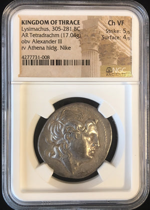 
                
                    Load image into Gallery viewer, Lysimachus Silver Tetradrachm NGC CH VF
                
            