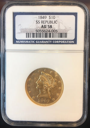 
                
                    Load image into Gallery viewer, 1849 $10 Liberty NGC AU58 SS Republic Shipwreck Gold Eagle
                
            