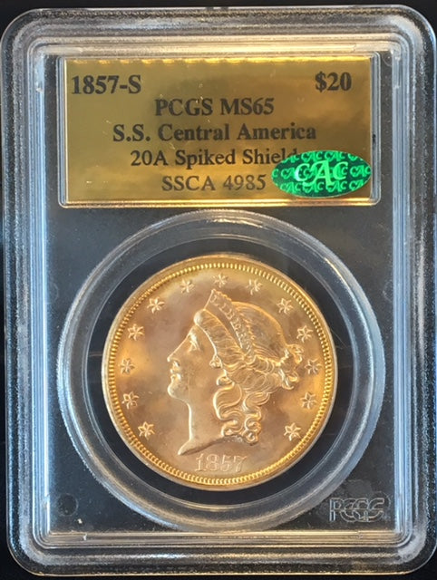1857-S $20 Liberty PCGS MS65 CAC SS Central America