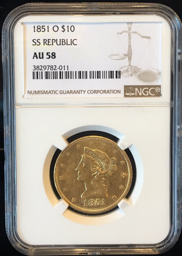 1851-O $10 Liberty NGC AU58 SS Republic Shipwreck Gold