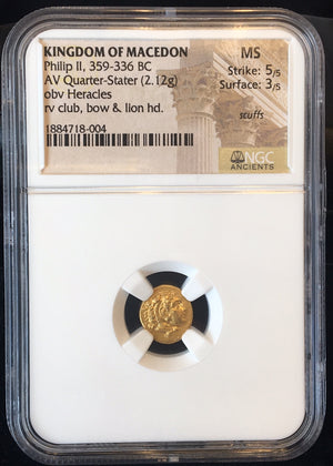 
                
                    Load image into Gallery viewer, Kingdom of Macedon- Philip II Gold Quarter Stater NGC MS 5x3
                
            