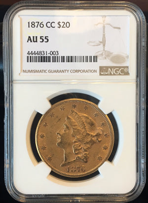1876-CC $20 Liberty NGC AU55 Carson City Gold
