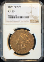 1875-CC $20 Liberty NGC AU55 Carson City Gold