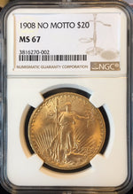 1908 No Motto $20 Saint Gaudens NGC MS 67
