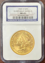 1865-S $20 Liberty Gold NGC MS62 SS Republic Shipwreck